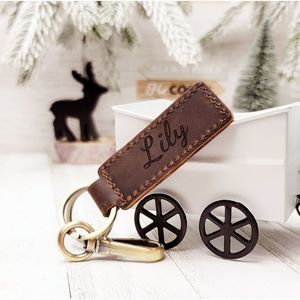 Personalized Genuine Crazy Horse Leather Keychain - Espresso